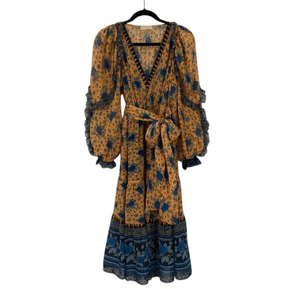 Ulla Johnson Romilly Silk Floral Orange Blue Long Sleeve Midi Dress Size 4 - Picture 3 of 14